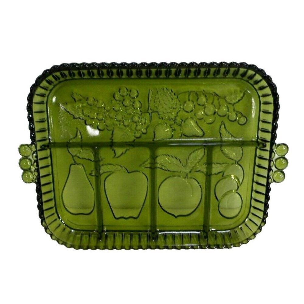 INDIANA GLASS CO Tiara vintage green five section serving appetizer tray 11 x 9"